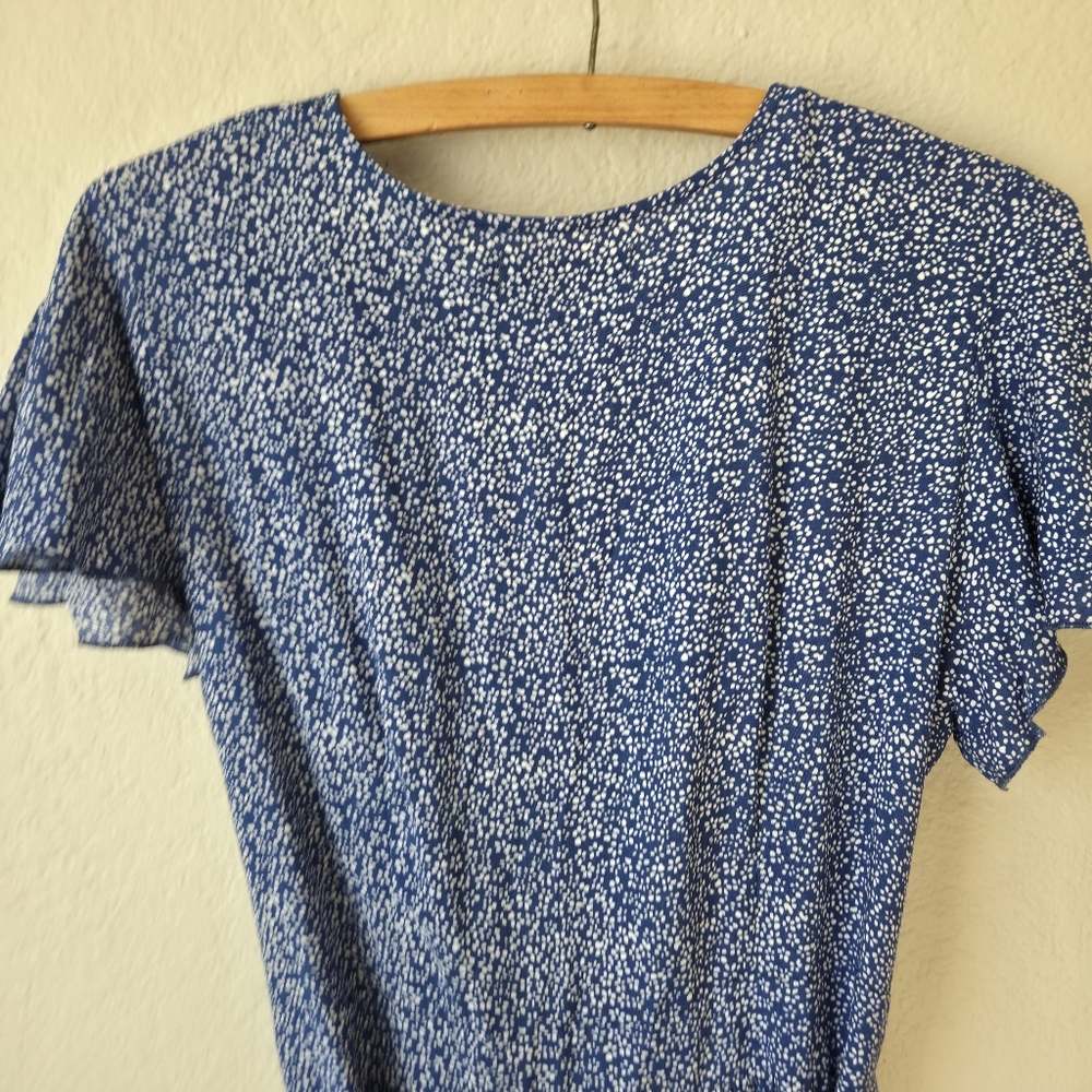 Zesica Wrap Fuffler Midi Dress Womens M Blue/White Floral Short Sleeve VNeck - Picture 11 of 16